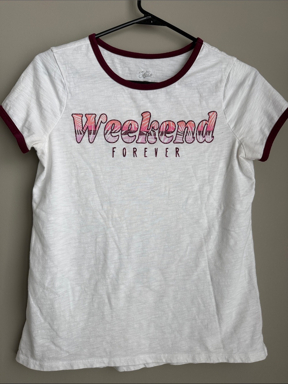 Girls Justice Weekend Forever White Tee with Burgundy  and Pink Graphic XL 14/16